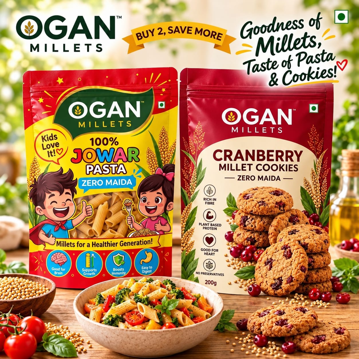 OGAN Jowar Pasta and Cranberry Millet Cookies Snack Combo
